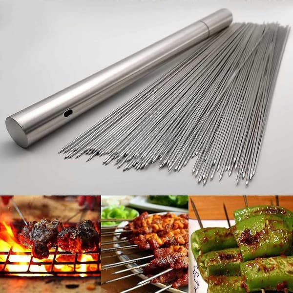 50 stk Grillspydder i Rustfritt Stål med Oppbevaringsrør