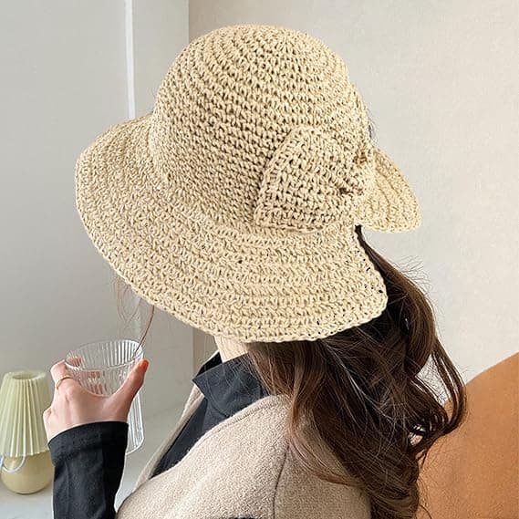 Women's Straw Hat with Bow, Soft Wide Brim Hat, Foldable Beach Hat, UV Protection