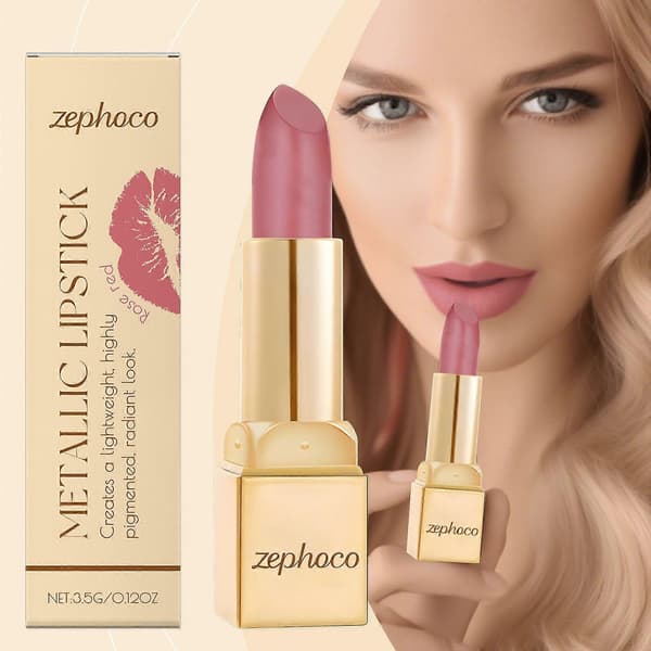 Zephoco Rose Red Metallic Cream Lipstick Has A Light Texture, Is Moisturizing And Easy To Apply, Creating A Shiny Lip Look