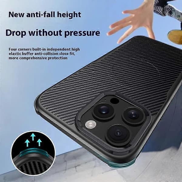 Case for iPhone 15 Pro Compatible with MagSafe Carbon Fiber Texture Leather Coated PC+Silicone Protective Case (Grey)