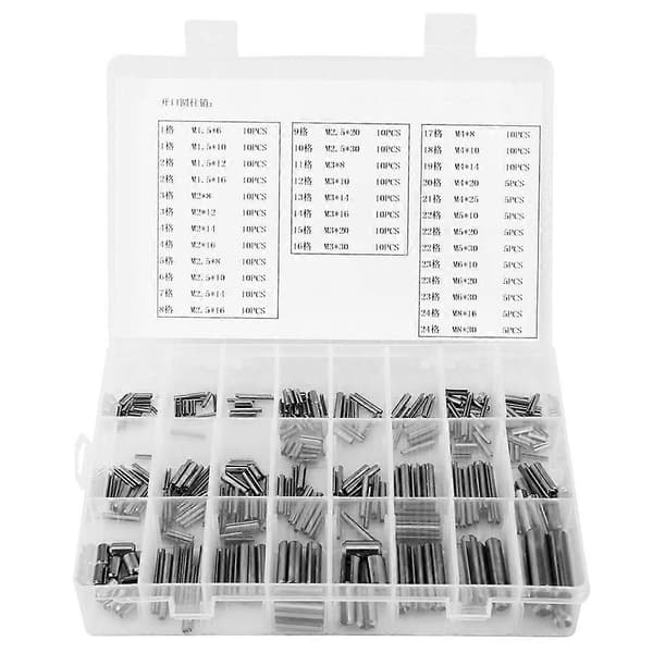 280 stk. fjedersplit i rustfrit stål, spændingselastisk cylindrisk splitstift sæt M1.5 M2 M2.5 M3 M5 M6 Silver
