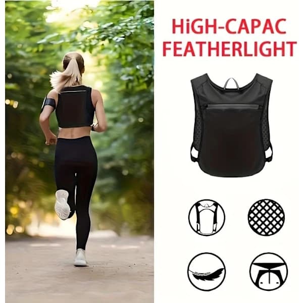Lightweight Running Vest with Phone Pocket - Adjustable Straps, Zippered Storage, Breathable Mesh Back - Black