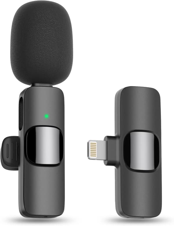 Professional Wireless Lavalier Lapel Microphone for iPhone, iPad - Cordless Omnidirectional Condenser Mic for Interview Video Podcast (B)