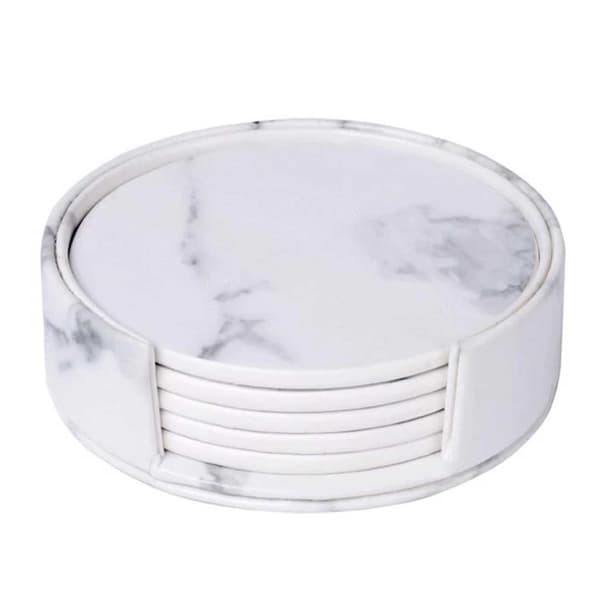 6-Pack Reversible Coasters White Marble PU with Holder White