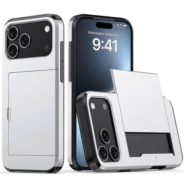 For iPhone 17 Pro Max Case Card Holder TPU PC Phone Back Cover (Silver, Silver)