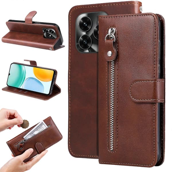 Compatible PU Leather Zipper Wallet Case and Stand for Honor X5c Plus (Brown)
