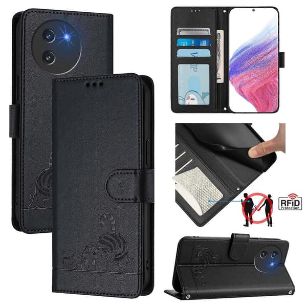 Cat Mouse Embossed Pattern RFID Leather Phone Case with Lanyard (For Doogee Note 59 5G / Note 59 Pro)