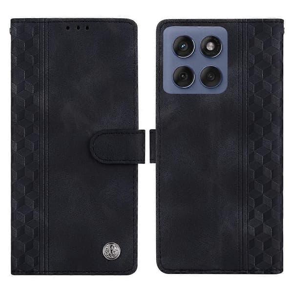 Compatible Leather Case for Motorola Edge 60 Pro 5G, Embossed Grid Pattern, Wallet Stand, Flip Phone Case (Black)