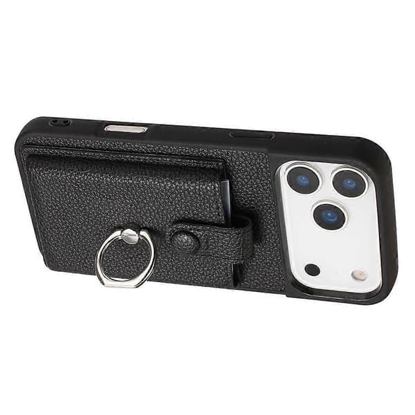 Kompatibelt etui til iPhone 17 Pro Max med ringstativ, harmonikakortlomme og læderbagside (Sort)