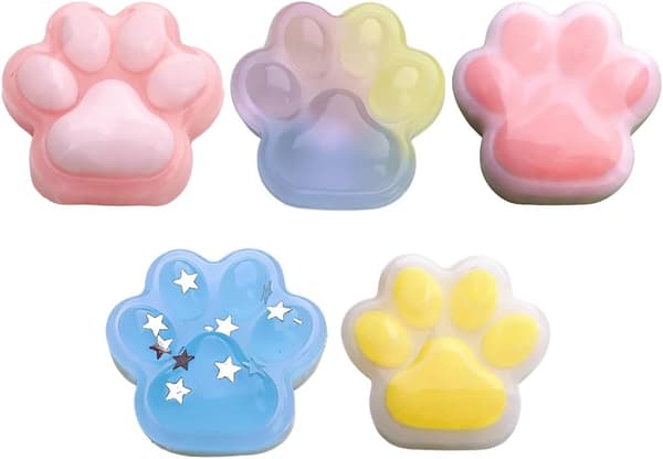 5 stk. mini-squishy-sæt med kattepotedesign – 3,5 cm bløde klemmelegetøj med ophængskæde – sensorisk anti-stresslegetøj til børn og voksne rosa, vit, blå, gul, färgglad