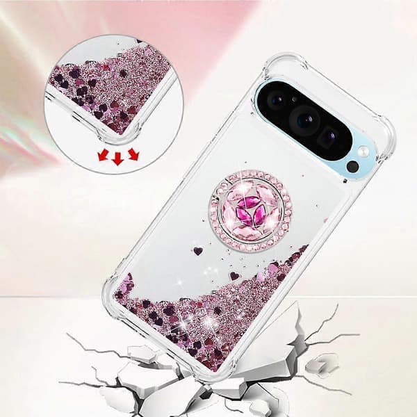 TPU-deksel med stativ og kvikksandeffekt for Google Pixel 10 Pro (Rosegull/Hjerter)
