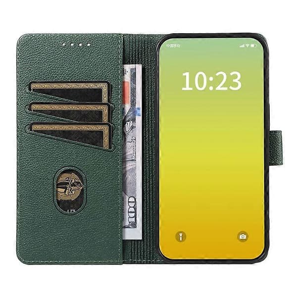 Compatible Leather Case for iPhone 15, Litchi Texture, RFID Wallet Stand, Phone Cover (Green)