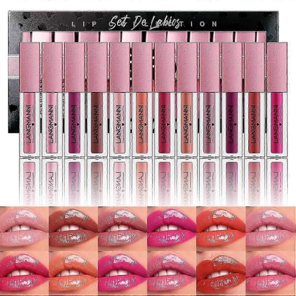 Exquisite 12-Piece Lip Gloss Collection Makeup Set, Shiny, Smooth, Soft Liquid Lip Gloss, Moisturizing and Highly Pigmented Tinted Lip Gloss