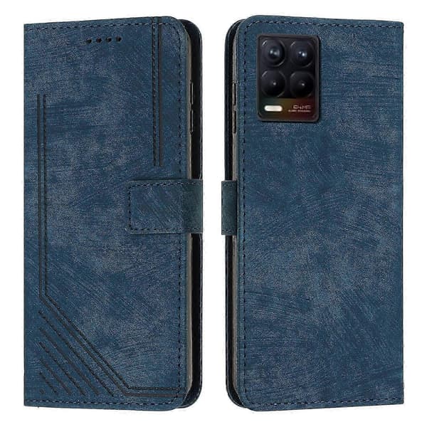 Realme 8 / 8 Pro Leather Phone Case with Striped Pattern & Lanyard - Soft Surface (Blue)