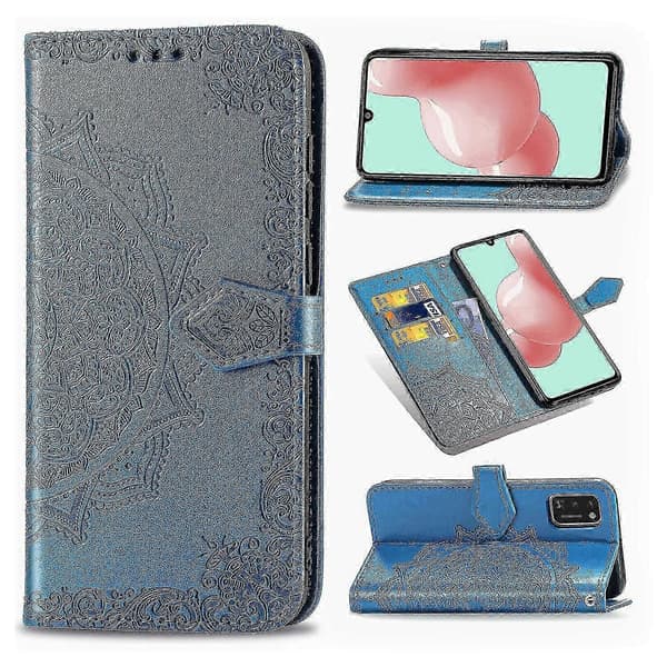 New Case Compatible with Samsung Galaxy A41, Leather Wallet Case with Embossed Mandala Pattern, Magnetic Flip, Shockproof - Blue