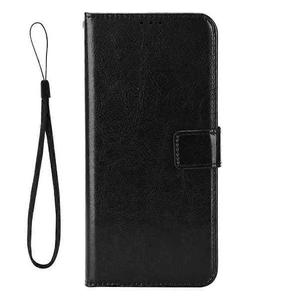 For ZTE Blade V70 Max PU Leather Case with Strap Crazy Horse Texture Phone Wallet Case - Black (Black)