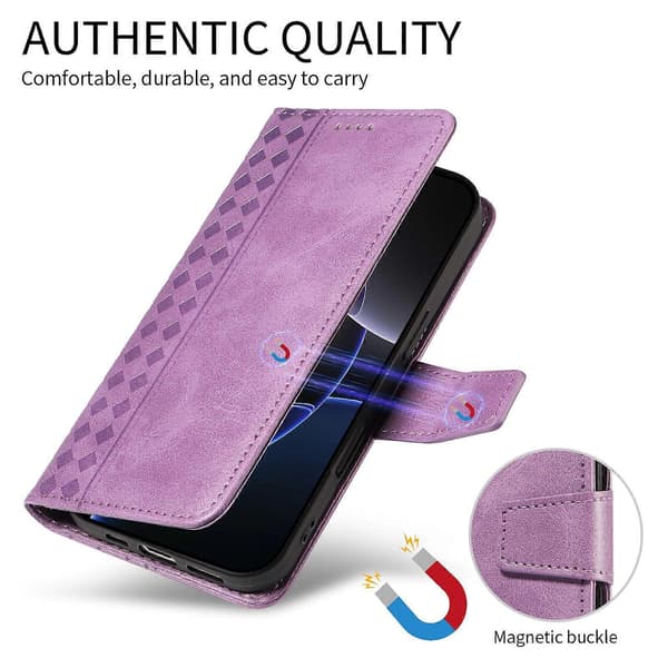 Leather Case with Wallet Stand and Grid Pattern for Motorola Edge 60 Fusion 5G with Strap (Light Purple)