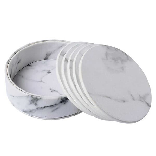 6-Pack Reversible Coasters White Marble PU with Holder White