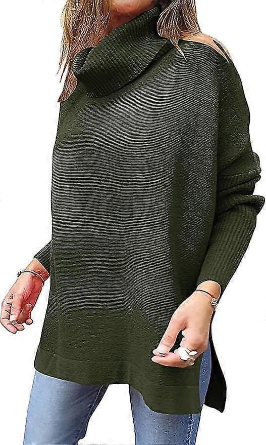 Bxhd Dam Turtleneck Oversized Batwingärmad Stickad Tunika Tröja med Slitsad Fåll S Green