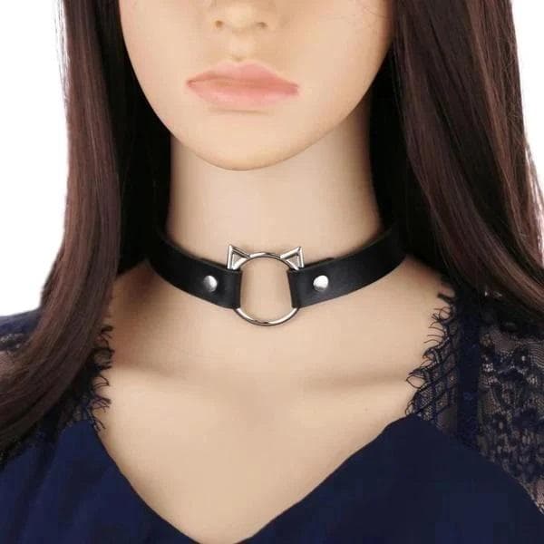 Choker O-ring KAT Kattekilling Øre Sort PU-læder Kawaii Anime