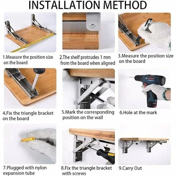 Two-piece shelf bracket set, 250mm foldable wall-mounted shelf bracket, stainless steel, heavy duty white.