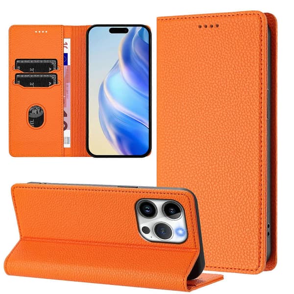Compatible Wallet Case for iPhone 15 Pro RFID Litchi Texture Leather Phone Cover (Orange)