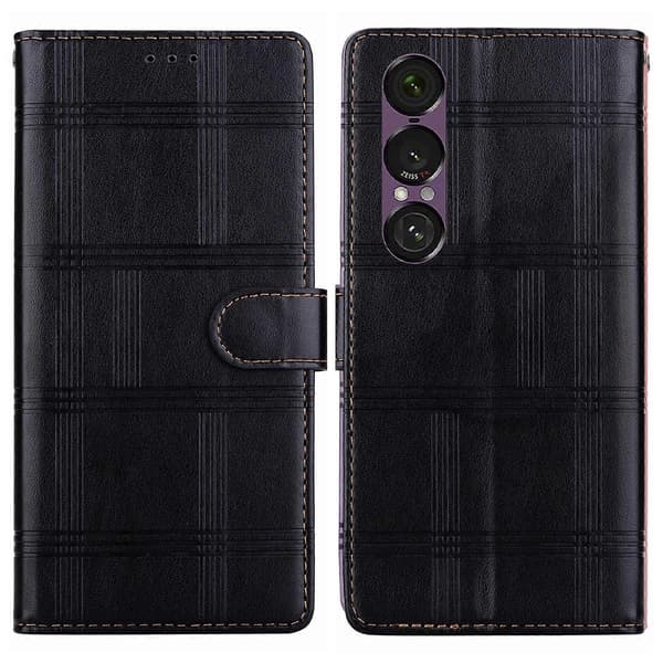 Embossed Plaid Leather Phone Case (Black, For Sony Xperia 1 VII)