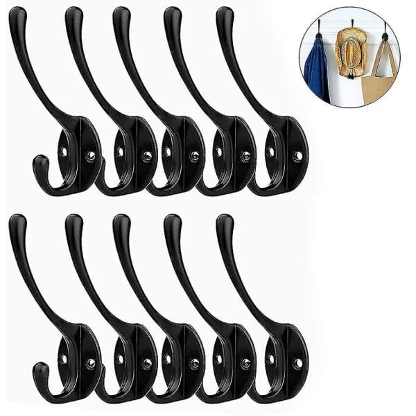 10-pack Rustic Coat Hooks, Wall Mounted, Heavy Duty Double Hooks, Retro Black