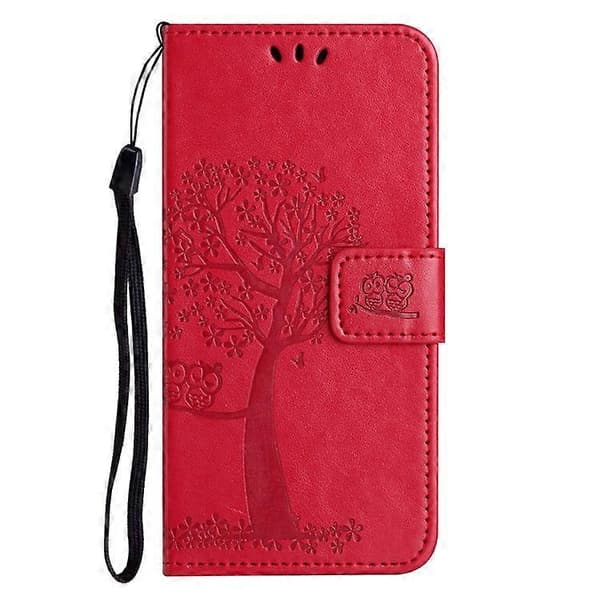 Compatible Wallet Case for iPhone 16 Pro PU Leather Owl Tree Printed Phone Cover (Red)