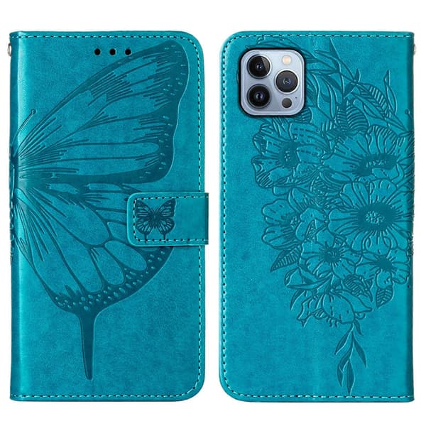 Præget sommerfugl læder telefoncover (til iPhone 15 Pro)