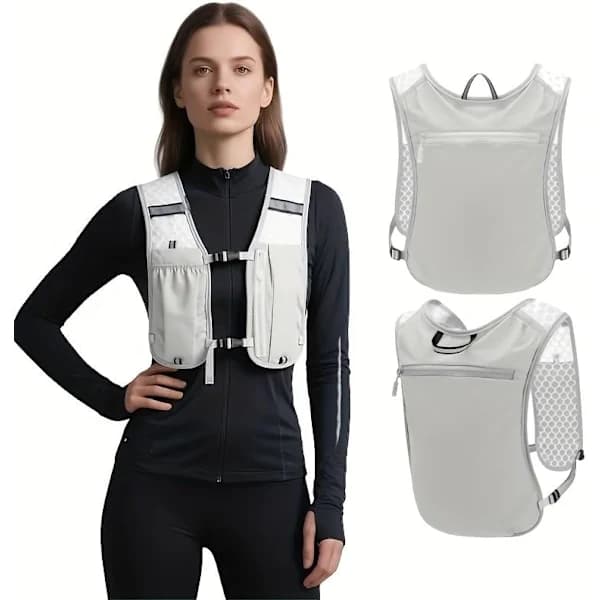 Lightweight Running Vest with Phone Pocket - Adjustable Straps, Zippered Storage, Breathable Mesh Back - Black