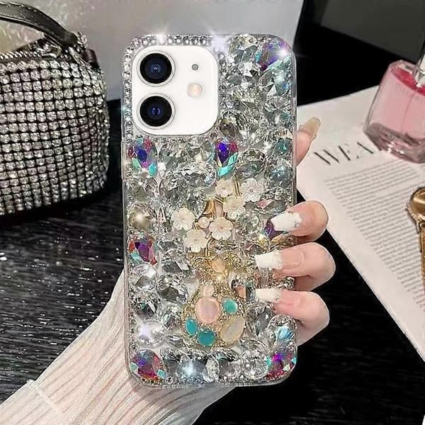 Plum Blossom Handmade Diamond Inlay PC Phone Case (White, For iPhone 12)