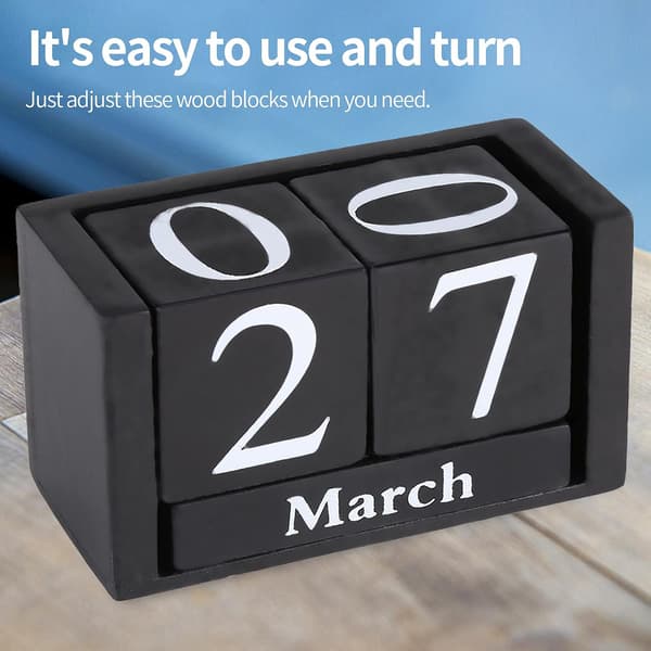 Trækalender, retro træfirkantet skrivebordskalender med måneds- og datovisning, sort.