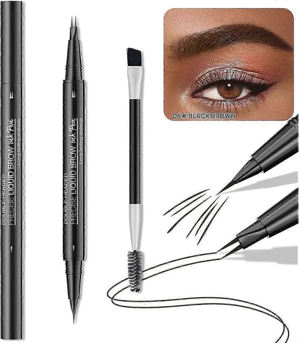 Natural Eyebrow Pencil, New 2-in-1 Double-Sided Microblading Eyebrow Pen, with Micro-Fork Tip and Precise Brush Tip (Black Brown)