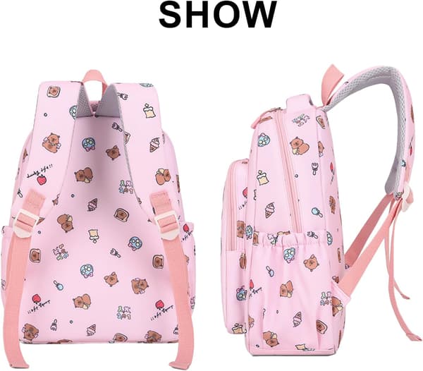Elementary School Backpack, 3-Piece Set with Lightweight Cute Cartoon Capybara Youth School Backpack, Kids Backpack (Pink)