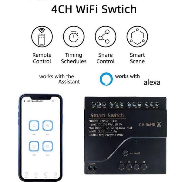 4CH Wifi Smart Relébryter Tilgangskontrollbryter APP RF Svart