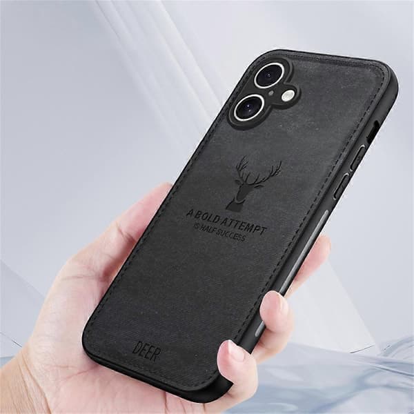 Etui til iPhone 16 Hjortemønster Stoftekstur PU Læder Hybrid Telefoncover - Sort (Sort)