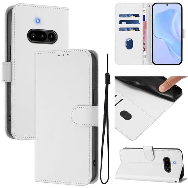 For Nothing Phone (3a) Case Solid Color Wallet Leather Phone Cover with Strap (White)