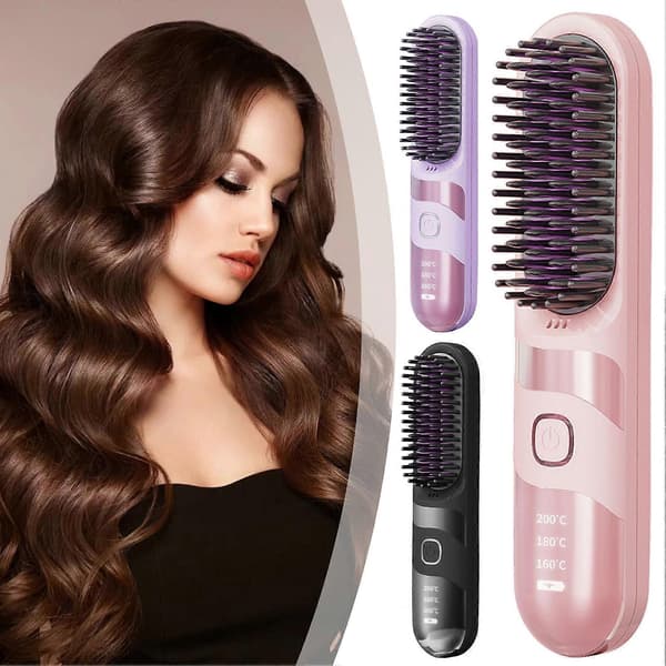 Cordless Straightening Brush, Ceramic Hairdressing Comb with LED Temperature Display, 3 Heat Settings, Fast Heating MCH Ceramic (Pink)
