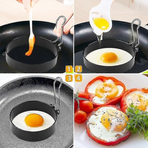 Äggring i rostfritt stål, 4 stycken non-stick äggringar med vikbara handtag, 7,5
