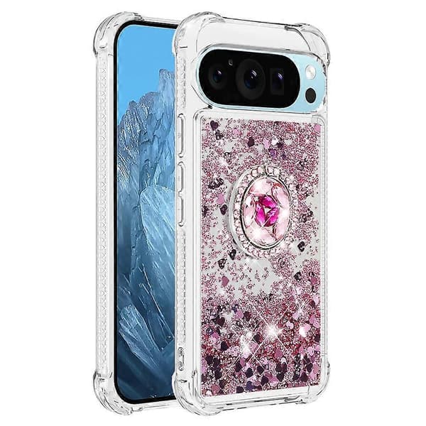 TPU-deksel med stativ og kvikksandeffekt for Google Pixel 10 Pro (Rosegull/Hjerter)