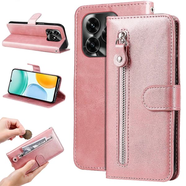 Compatible PU Leather Zipper Wallet Case and Stand for Honor X5c Plus (Pink)