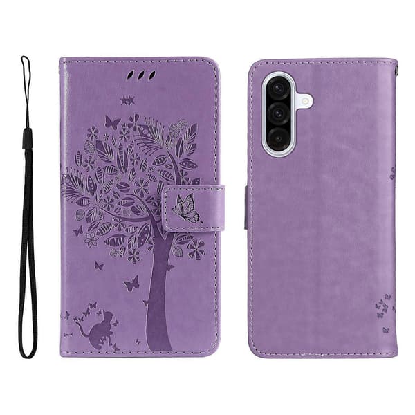 Cat Tree Pattern Leather Wallet Phone Case For Samsung Galaxy A36 5G, with Stand (Light Purple)
