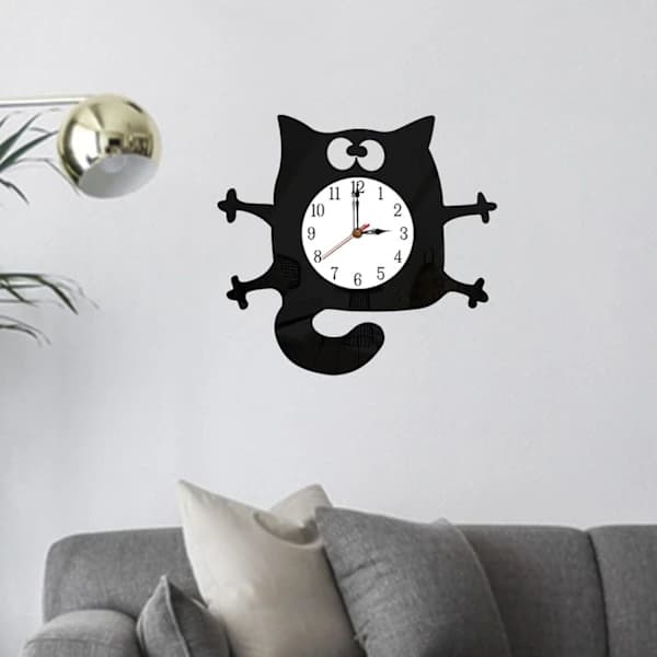 Cat Shaped Wall Clock Silent Battery Operated Art Clock for Bedroom Kitchen Decor