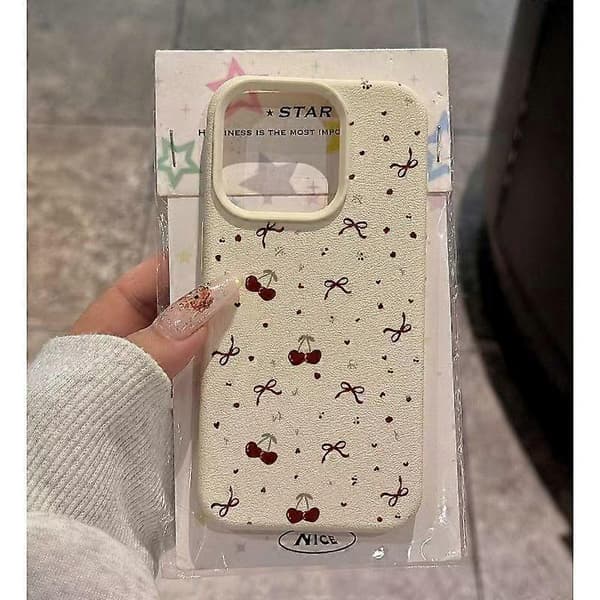 Etui til iPhone 15 Pro Hjertekirsebærmønster Litchi Tekstur TPU Telefonbeskyttelse