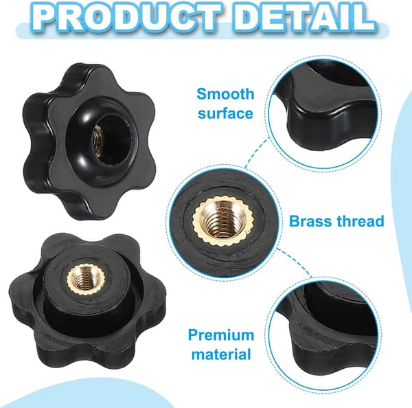 M5 x 25 mm Through Hole Knob Screws - Set of 4 Black Plastic Star Knobs with Internal Brass Threads (Clamping Handles/Hand Knobs)