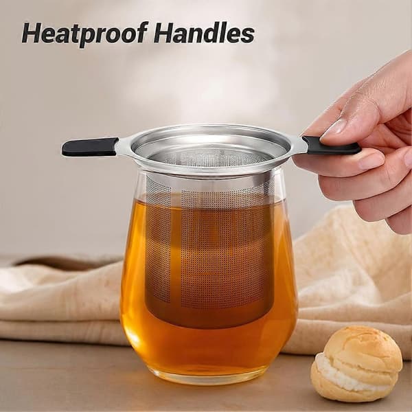 Finmasket te-infuser i rustfrit stål med varmebestandige håndtag til løs te, passer til tekander, krus Silver & black