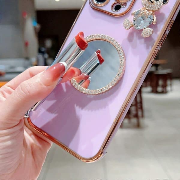 Case for iPhone 16 Pro, Love Heart Pattern, Electroplated TPU Phone Case with Small Bear and Mirror (Lavender Purple)