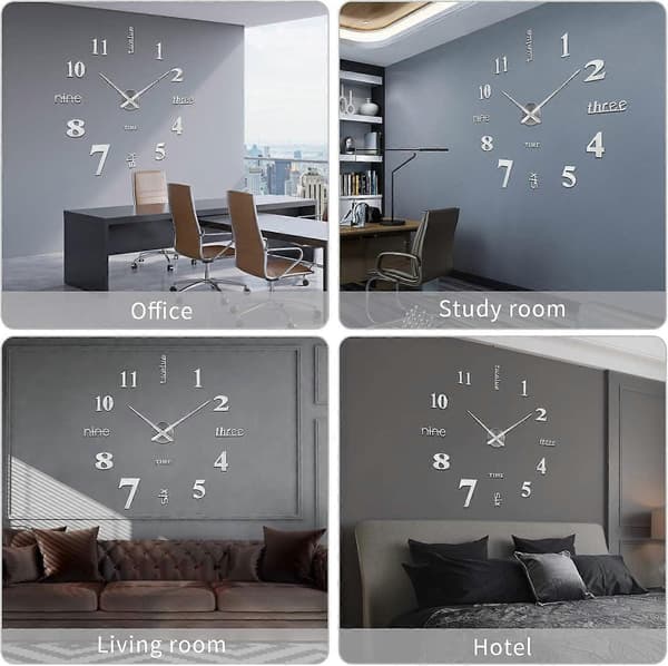 3D Väggklocka, DIY Digital Väggklocka, Tyst Urverk, Modern Design Väggklocka, Jätteväggklocka för Sovrum Kök Vardagsrum (60-120 cm), Silver
