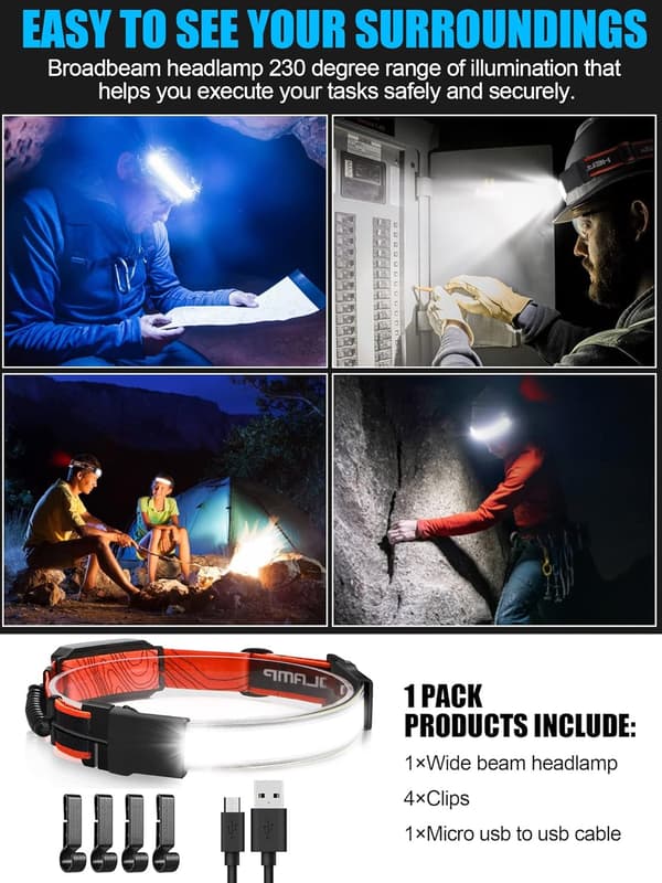 LED Hodelykt Lommelykt, USB Oppladbar Hodelykt med Rødt Baklys, Lette Vanntette Hodelykter for Camping Løping Vandring